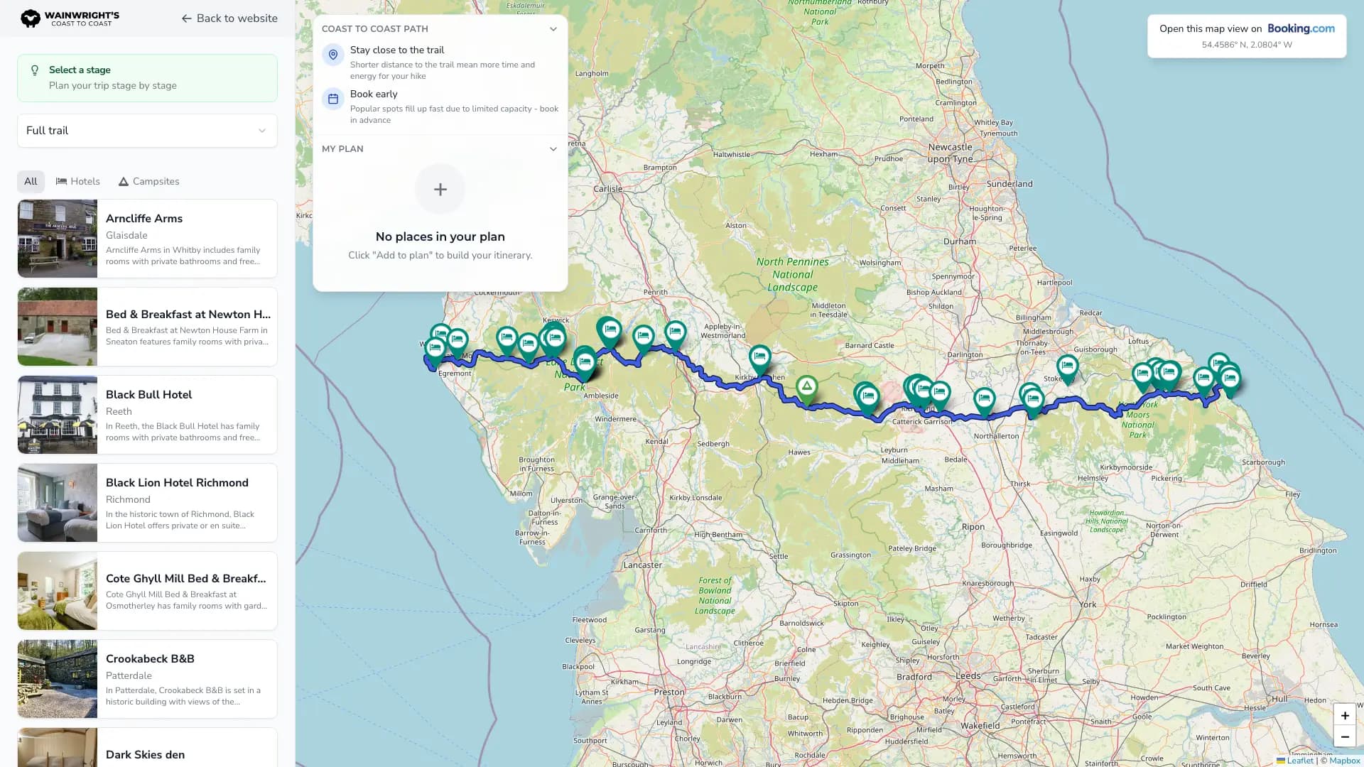 Planner map view with stages and accommodation along the trail